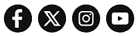 Four circular social media icons in black with white logos: Facebook, X, Instagram, and YouTube.