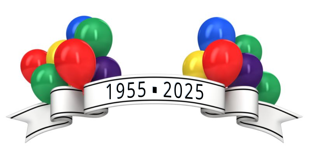 BannerA cluster of colorful balloons, including red, green, yellow, blue, and purple, surrounds a white ribbon. The ribbon displays the years "1955 - 2025" in bold black text.